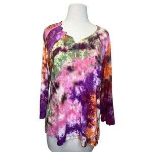 Parsley & Sage Tie Dye Top Large Pink Purple‎ Green Geometric Neckline Boho